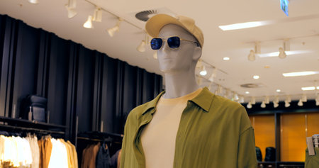 Fashionable mannequin presenting a casual summer outfit including a green shirt, beige t shirt, beige cap and sunglasses, displayed in a clothing store. Concept fashion clothesの写真素材