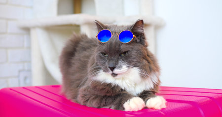 Grey fluffy cat wearing blue sunglasses lounging comfortably on pink suitcase, showcasing playful vacation style with elegant white accented fur and relaxed postureの写真素材