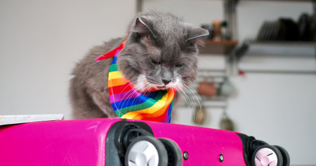 Gray cat wearing vibrant rainbow scarf lounging on pink luggage, leisurely turning head and surveying surroundings within cozy home interior, embodying playful pride and comfortの写真素材