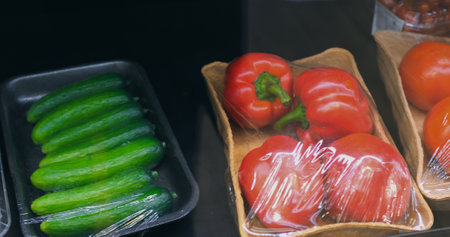 Fresh vegetables wrapped in plastic film displayed on refrigerated supermarket shelf, including cucumbers, bell peppers, and broccoli box highlighting produce freshness and food preservationの写真素材