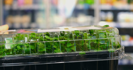 Supermarket customer selecting fresh mint seedlings in a clear plastic container, navigating the...