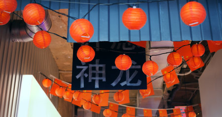 Vibrant red lanterns and flags adorning corridor ceiling, creating festive atmosphere for traditional chinese new year celebration with cultural signageの写真素材