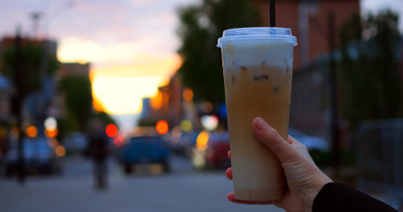 Woman sipping whipped cream topped iced coffee, standing on sunlit urban street with blurred background, golden light enhancing atmospheric sceneの写真素材