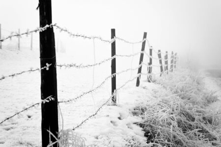 Frosty winter day with fiered fence in the foregroundの写真素材