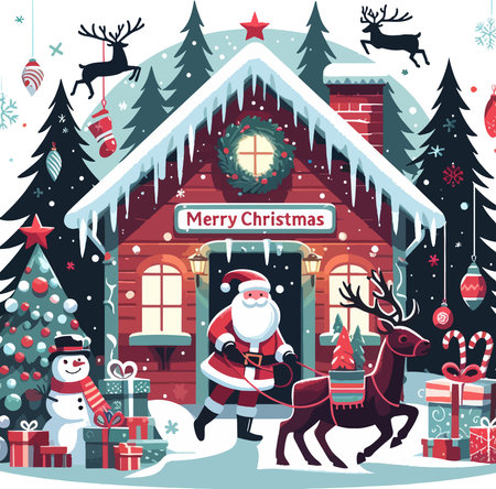 Merry Christmas and Happy New Year greeting card with Santa Claus, reindeer, snowman and gifts. Vector illustration.のイラスト素材