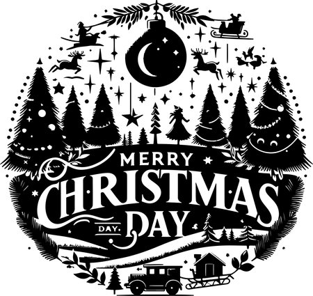 Merry Christmas and Happy New Year, black and white vector illustrationのイラスト素材