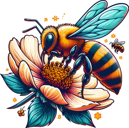 Bee and flower. Vector illustration of a bee pollinating a flower.のイラスト素材