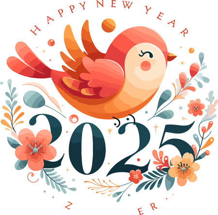 Happy New Year 2015 greeting card with cute bird. Vector illustration.のイラスト素材