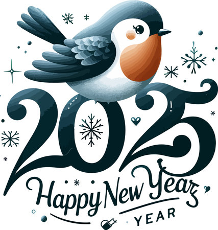 Happy New Year greeting card with cute cartoon bird. Vector illustration.のイラスト素材
