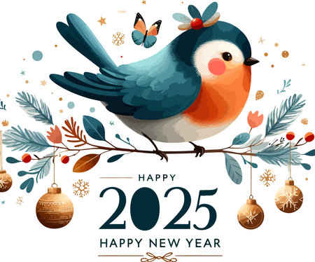 Happy New Year greeting card with cute bullfinch bird. Vector illustration.のイラスト素材