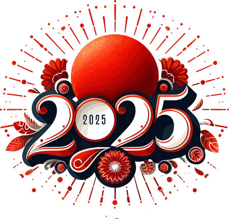 Happy New Year 2023. Greeting card design with red ball and flowers.のイラスト素材