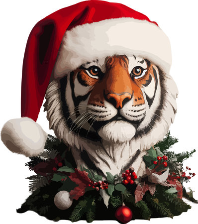 Tiger in Santa Claus hat and Christmas wreath. Vector illustration.のイラスト素材