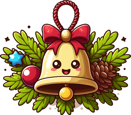 Christmas bell with red bow and pine tree branches. Vector illustration.のイラスト素材