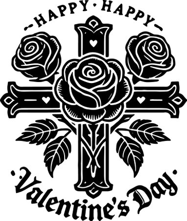 Happy Valentines Day with Cross and Roses.Vector illustration ready for vinyl cutting.のイラスト素材