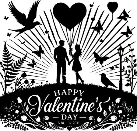Happy Valentines Day greeting card with couple silhouette. Vector illustration.のイラスト素材