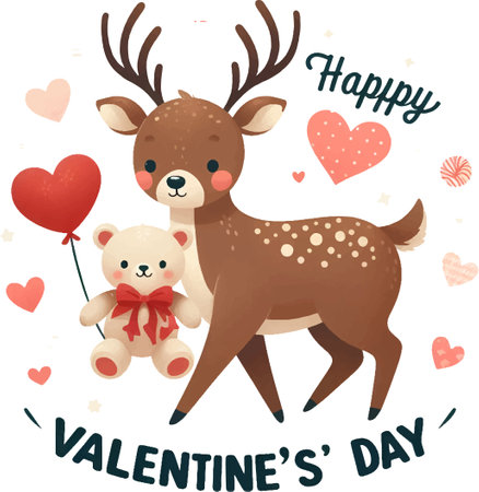 Valentine's day greeting card with cute deer and teddy bearのイラスト素材