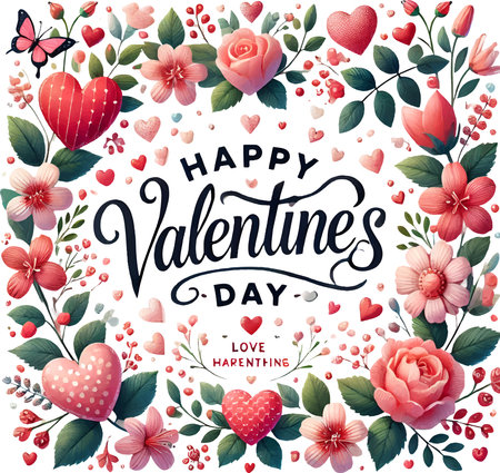 Happy Valentines Day card with flowers and hearts. Vector illustration.のイラスト素材