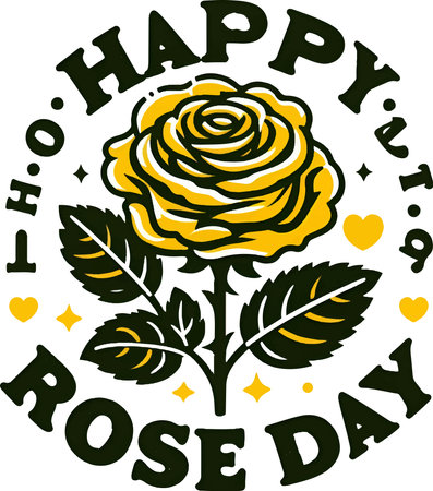This is an illustration of a beautiful yellow rose with the words Happy Rose Day.のイラスト素材