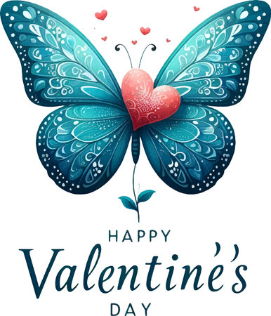Happy Valentine's Day card with blue butterfly and heart. Vector illustration.のイラスト素材