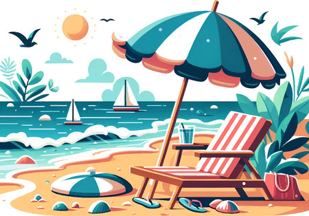 Beach with chaise lounges and umbrellas. Vector illustrationのイラスト素材