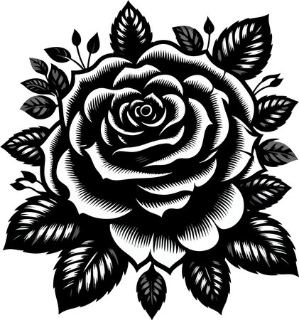 Black and White Rose with Leaves. Vector Illustration ready for vinyl cutting.のイラスト素材