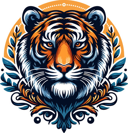 Tiger head with floral ornament. Vector illustration in retro style.のイラスト素材