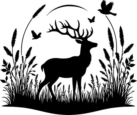 Silhouette of a deer in the grass. Vector illustration.のイラスト素材