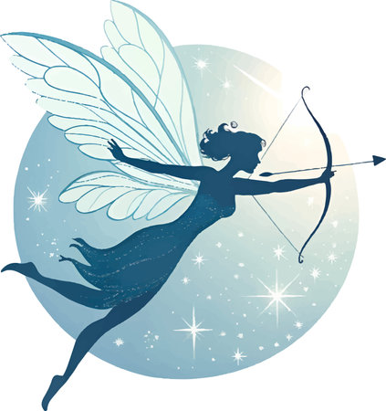 Silhouette of an angel with bow and arrow on a blue background.のイラスト素材