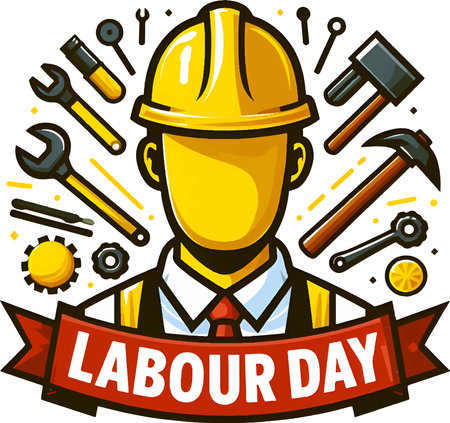 Labor Day banner with worker and tools. Vector illustration in cartoon style.のイラスト素材