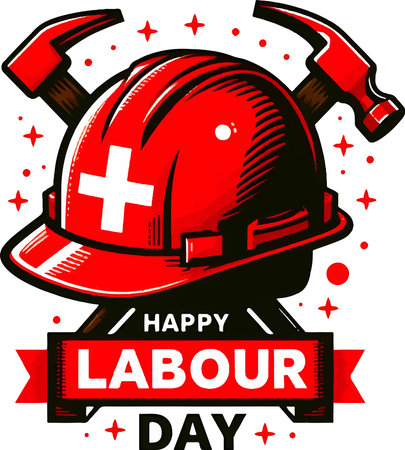 Happy labour day label with red fireman helmet and hammer isolated vector illustrationのイラスト素材