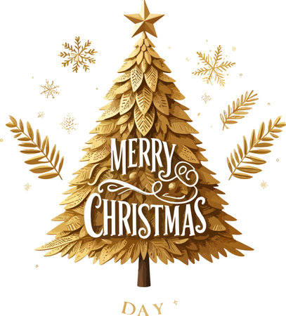 Merry Christmas greeting card with golden Christmas tree. Vector illustration.のイラスト素材