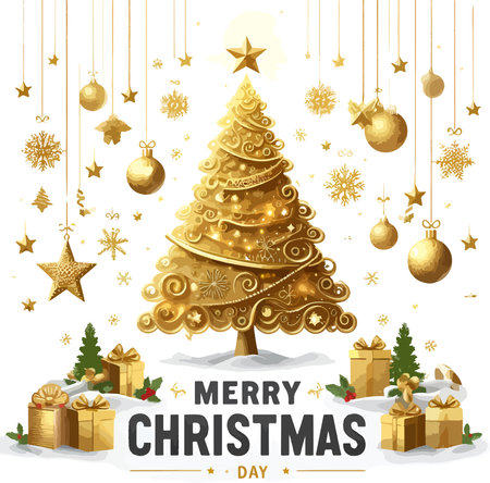 Merry Christmas and Happy New Year greeting card with golden Christmas tree and gifts.のイラスト素材