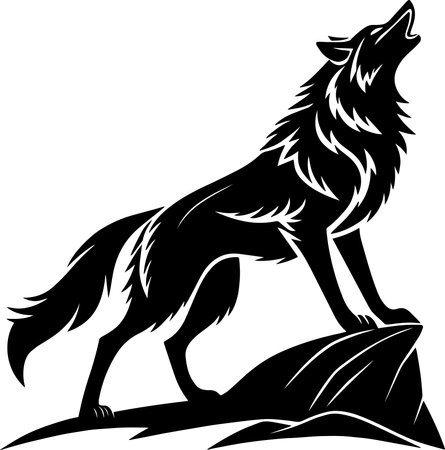 Black and White Illustration of a Wolf or Wolf on a Rockのイラスト素材