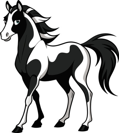 Black and white horse. Vector illustration of a horse with long mane.のイラスト素材
