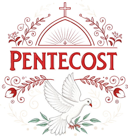 Pentecost card with white dove and rosary, vector illustrationのイラスト素材