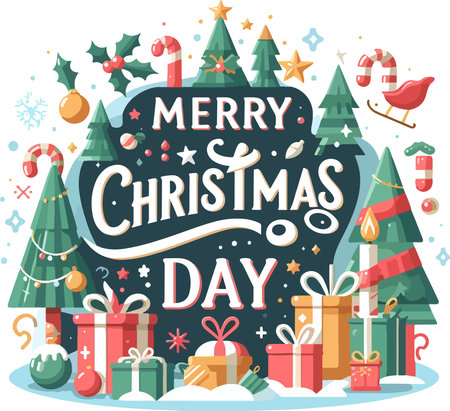 Merry Christmas and Happy New Year greeting card with lettering. Vector illustration.のイラスト素材