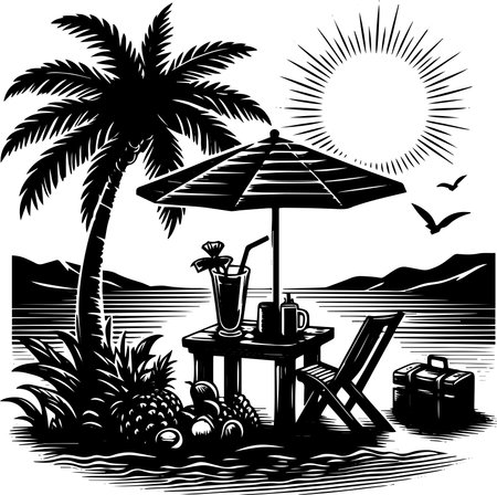 Tropical beach with palm trees. Vector illustration in black and white.のイラスト素材