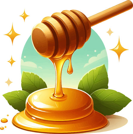 Illustration of a honey dipper dripping from a wooden honey dipperのイラスト素材