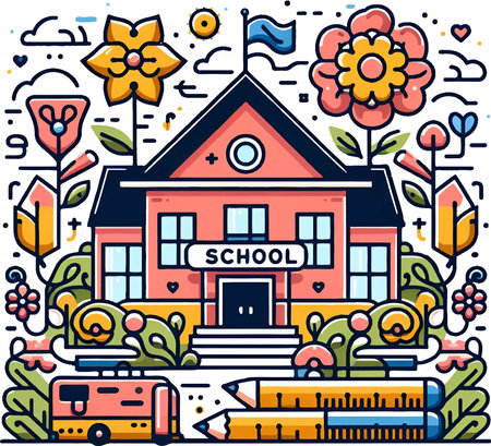 School and education concept. Vector illustration in line art style with school building, flowers and plants.のイラスト素材