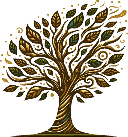 Illustration of a stylized tree with leaves and curls on a white backgroundのイラスト素材