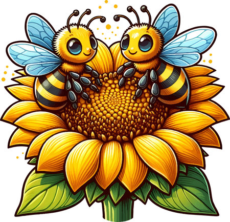 Two bees on sunflower. Vector illustration in a cartoon style.のイラスト素材
