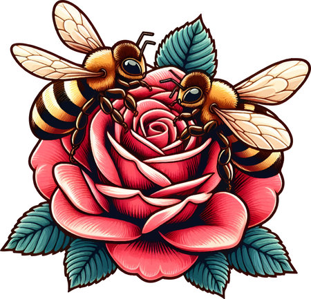 Honey bee and rose. Vector illustration for your graphic design.のイラスト素材