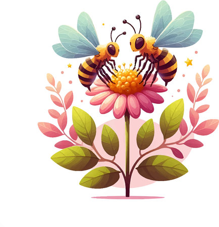 Honey bee and flower. Vector illustration of a cartoon bee and flower.のイラスト素材