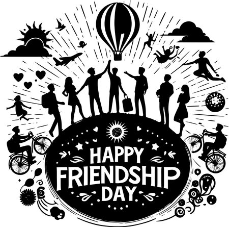Happy friendship day card with group of people silhouettes, vector illustrationのイラスト素材