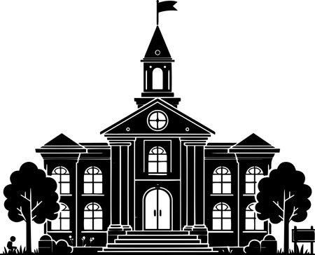 Black and white illustration of a school building with a flag on top.のイラスト素材