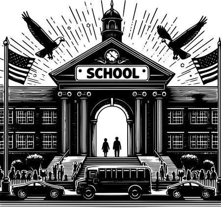 School building. Back to school. Black and white vector illustration.のイラスト素材