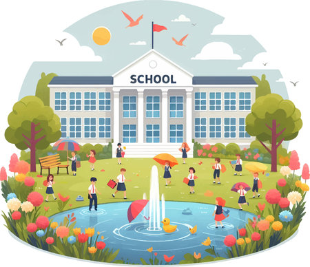 Back to school concept with school building and students in park vector illustrationのイラスト素材