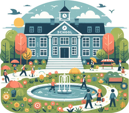 Flat vector illustration of school building and people in the park.のイラスト素材