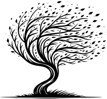 Art tree silhouette isolated on white background. Black and white vector illustration.のイラスト素材