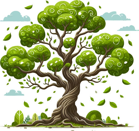 Cartoon tree with green leaves on white background. Vector illustration.のイラスト素材
